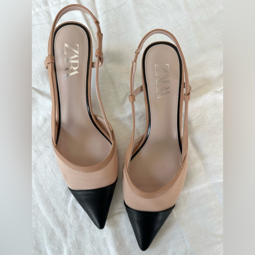 Zara Cap Toe Mesh Sling Back Heels